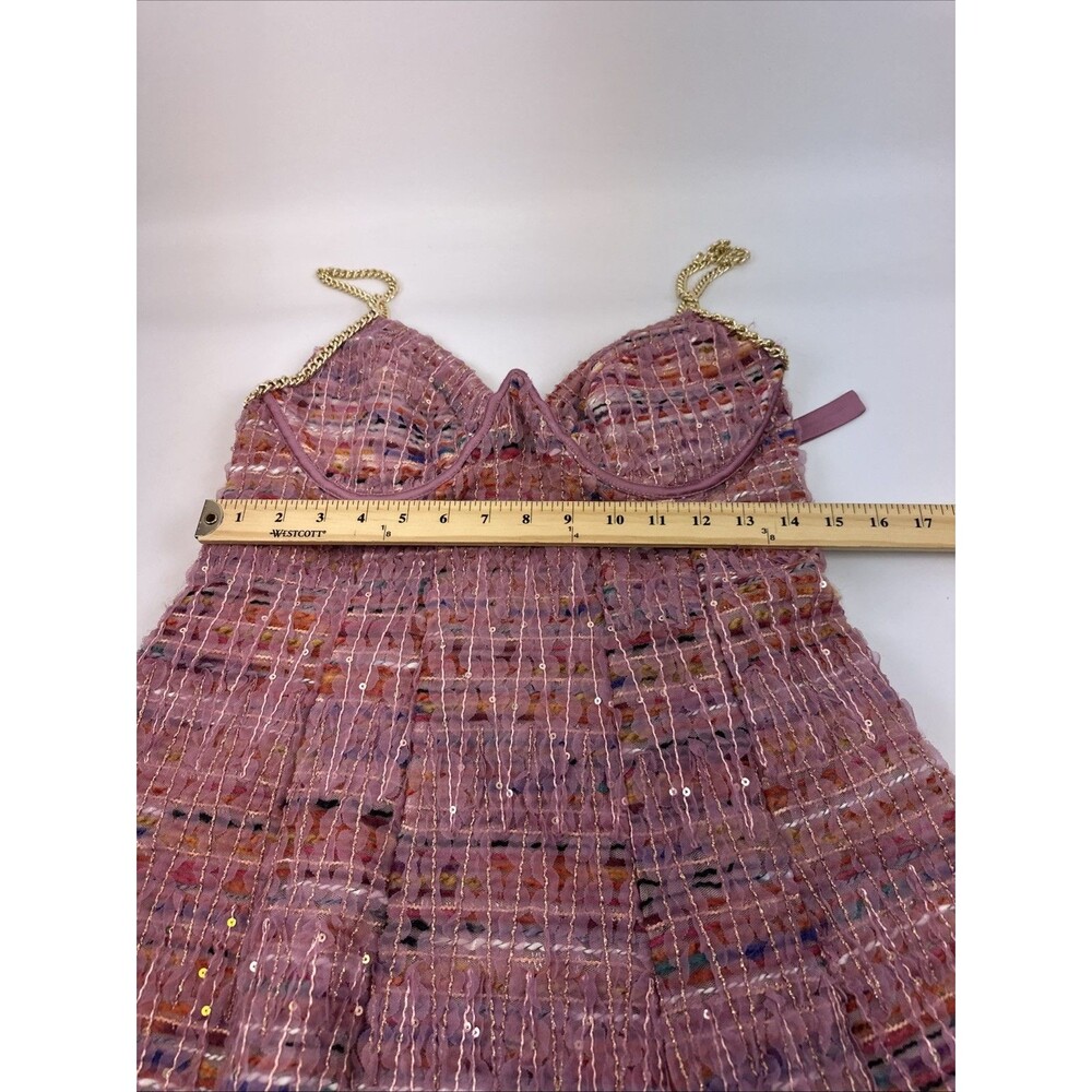 For Love & Lemons Celine Tweed Chain Mini Dress Pink Flare Party Summer Fun XL - Picture 15 of 16